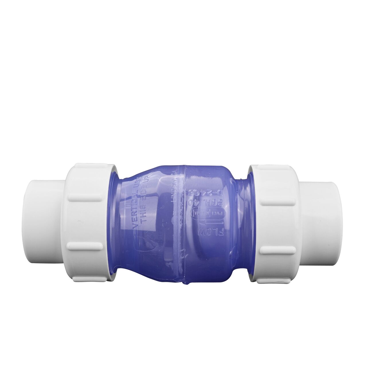 Side view on the NDS Clear 1-1/2 in. IPS U X U PVC True Union Swing Check Valve (NDS 1720C15)