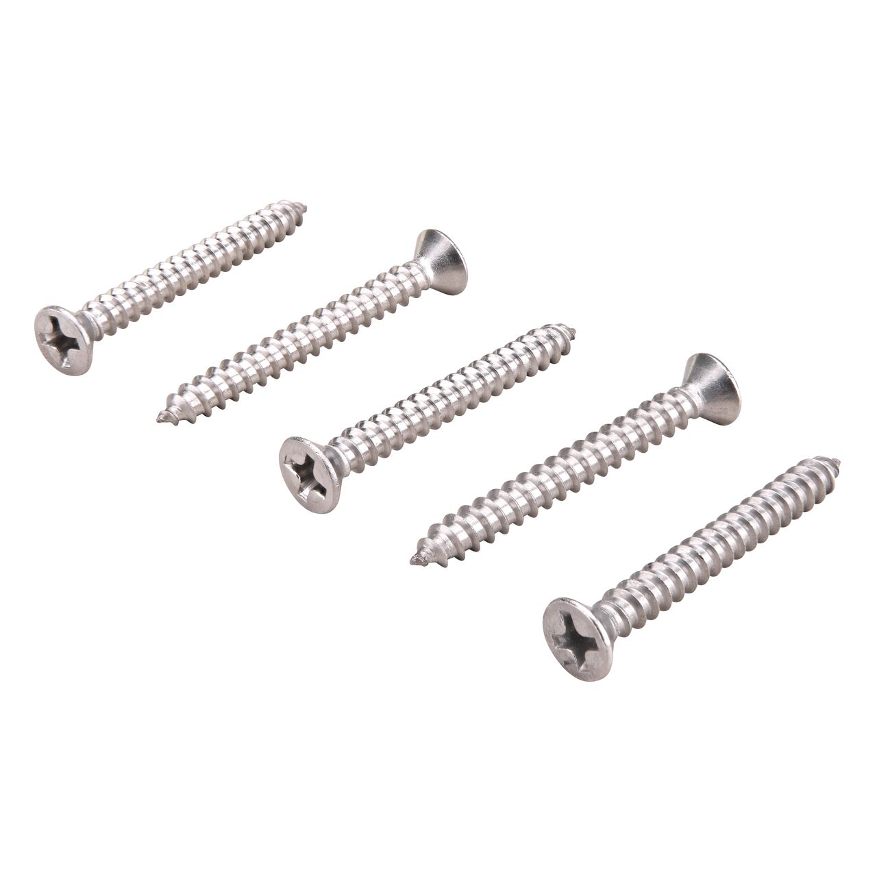 View of 5 Phillips Flat Head screws in alternating tip to head positions to show both ends (NDS 829)