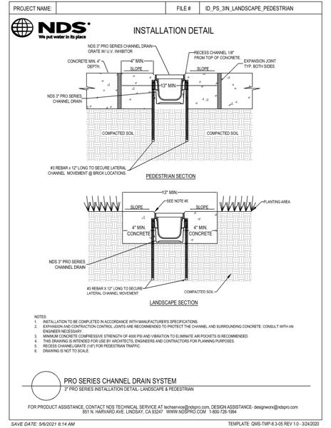 NDS 3 in. Pro Series™ Channel Drains & Grates Pedestrians Installation Details