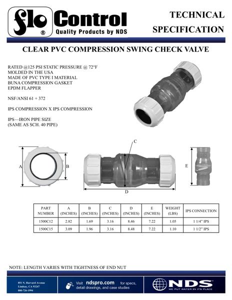 NDS PVC Compression Swing Check Valve Clear Tech Spec