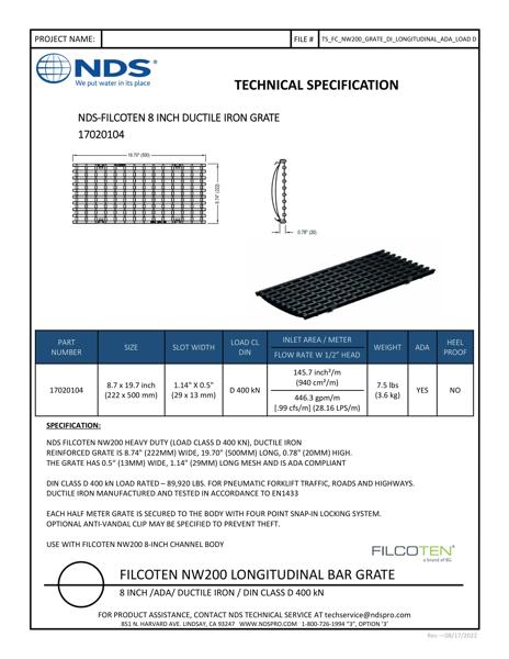 NDS BG-FILCOTEN® 200 Trench Drain Grate Bar Design Ductile Iron Tech Spec
