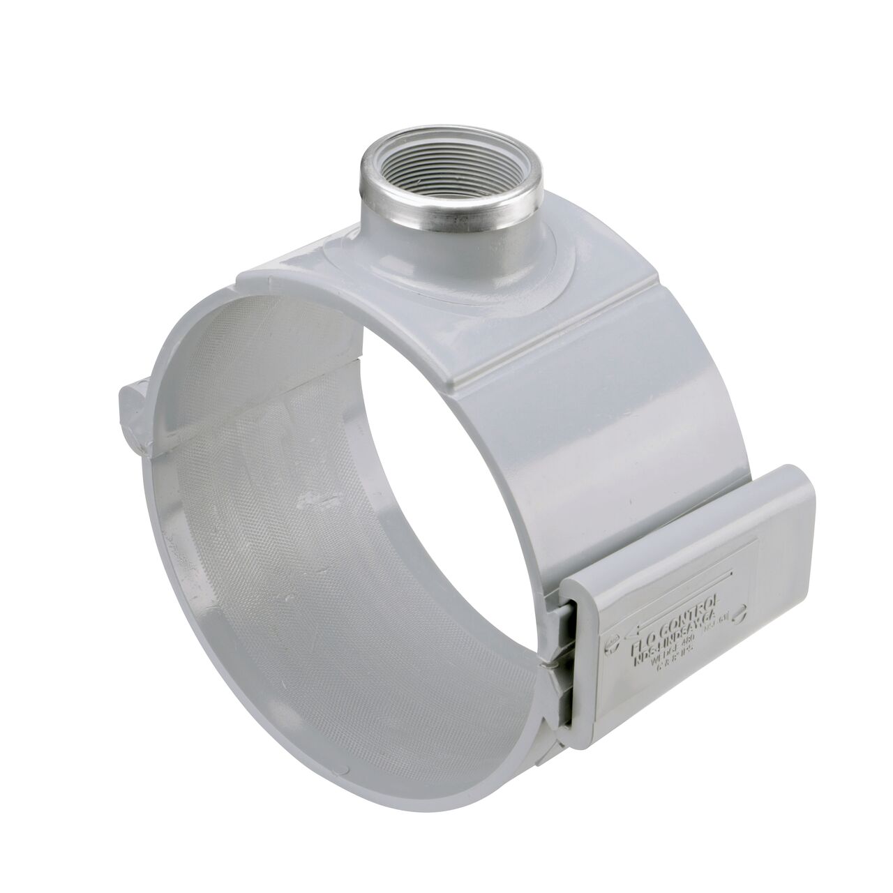 The NDS Clamp-It™ Rigid PVC Saddle with 2 in. FPT connection on top (NDS 448020) for 8 in. PVC pipe has a patented wedge design to install a sprinkler irrigation system to existing pipe without any bolts