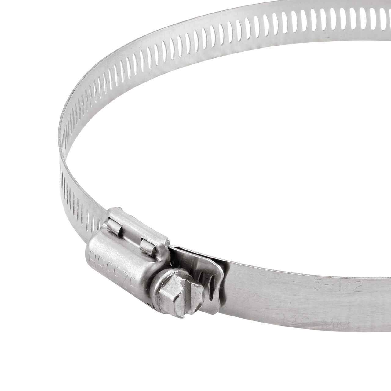 Closeup view of the NDS SAE 80 Worm Drive Hose Clamp with Aero Seal 1/2 in. band width (NDS 64080H) with a 5/16 in. 410 Stainless Steel hex screw; tighten to 30-45 in. lbs. torque to close