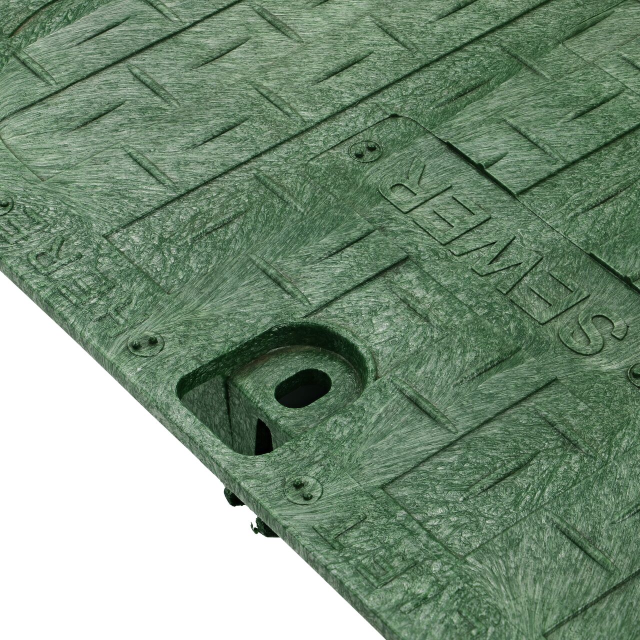 Closeup view of the locking mechanism and bolt hole on the sewer cover (NDS 317CS) for the NDS 13 in. X 20 in. Rectangular Pro-Spec® Series Valve Box