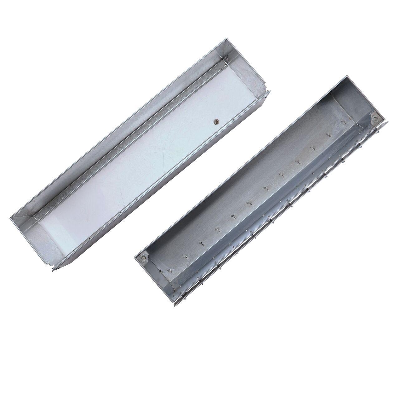 Top Down Unassembled View of NDS Galvanized Steel Dura Slope Channel Drain Slot Top Maintenance Unit (DS-STMAINT) which includes a removable maintenance unit and an in-place unit for each access to inside the Dura Slope Channel Drains