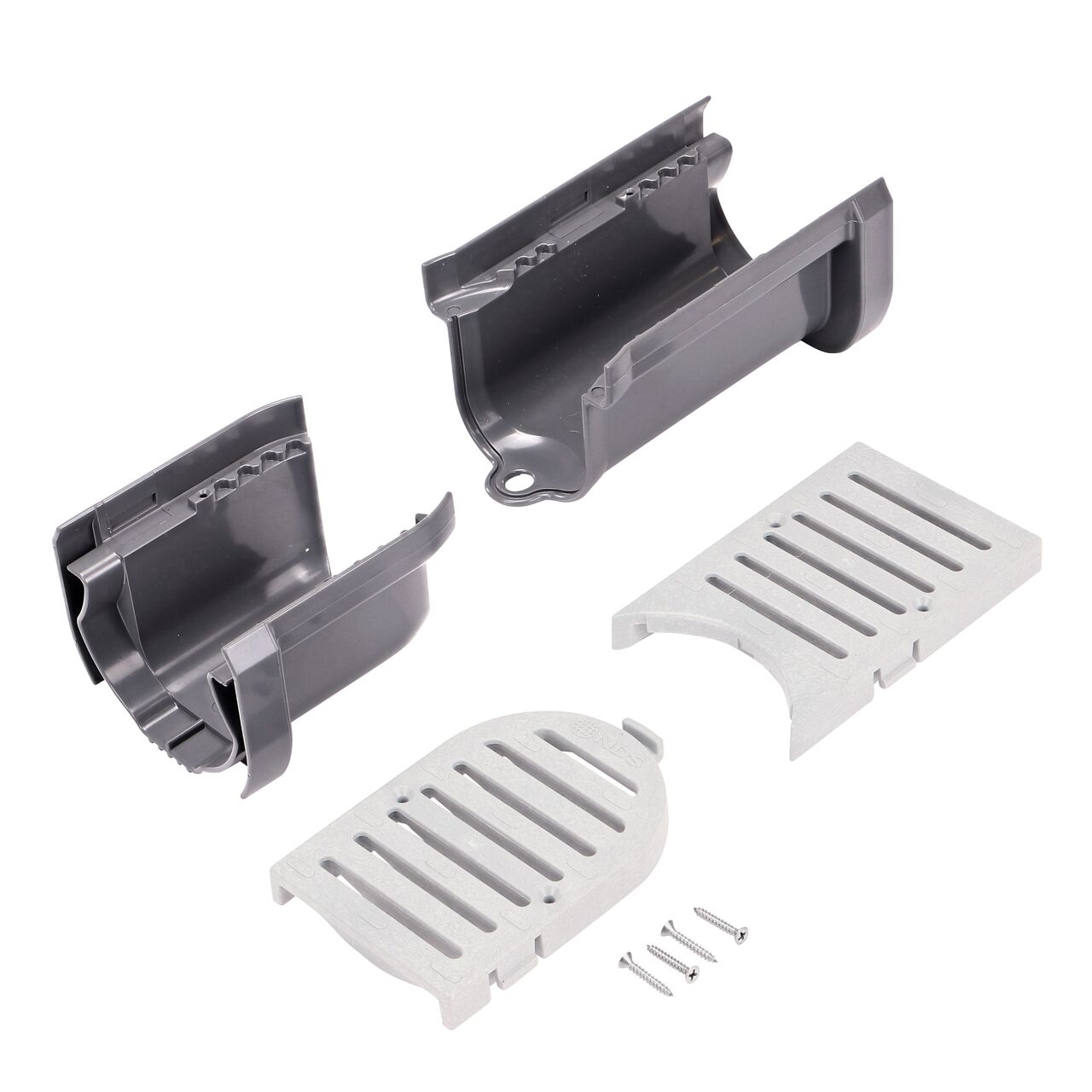 The NDS Spee-D® Contour™ Channel Drain Start & End Kit (NDS 400-ACSE-WH) comes with Spee-D® Contour™ channel drain start and end sections, two gray grates, and four grate screws