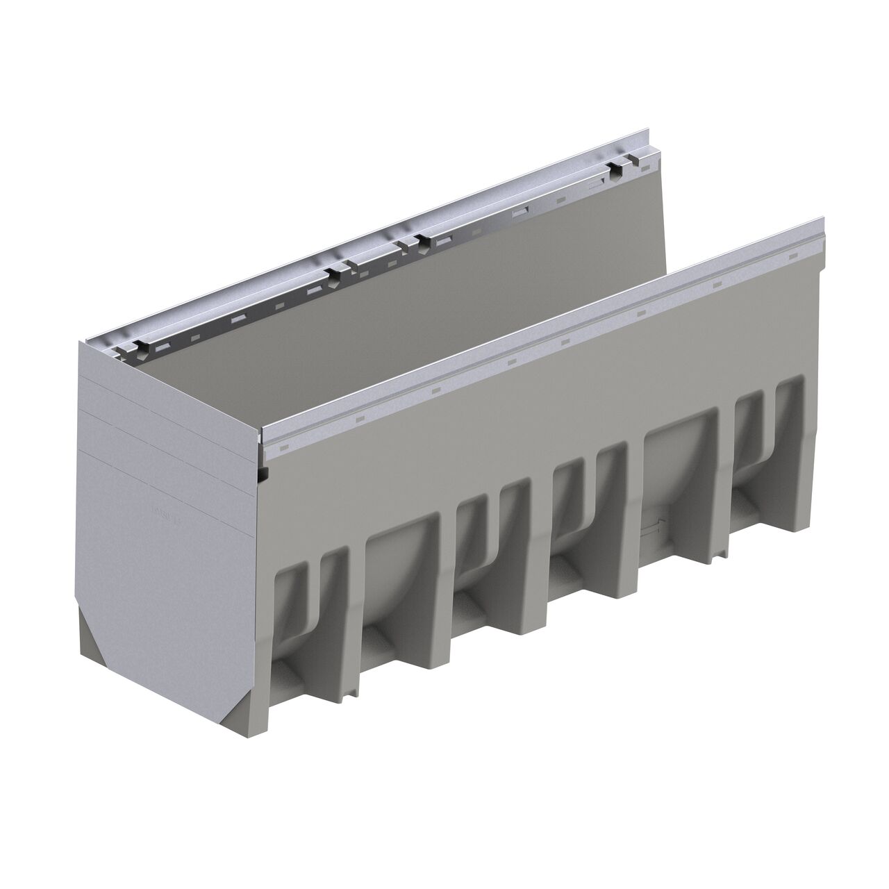 The galvanized steel BG-FILCOTEN® by NDS® 300 Trench Drain End Cap (NDS 19030213)installed on the male interlocking end of the 12 in. BG-FILCOTEN® pro V 300 Trench Drain with Galvanized Steel Rails