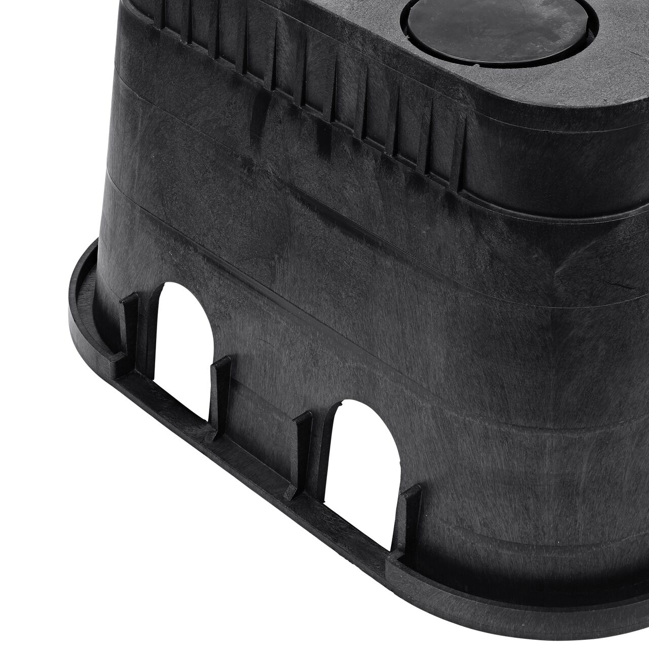 Closeup view of the dual pipe holes on the NDS black plastic 13 in. X 20 in. Rectangular Meter Box and AMR cover (NDS D15AMR2-DUOLSB)