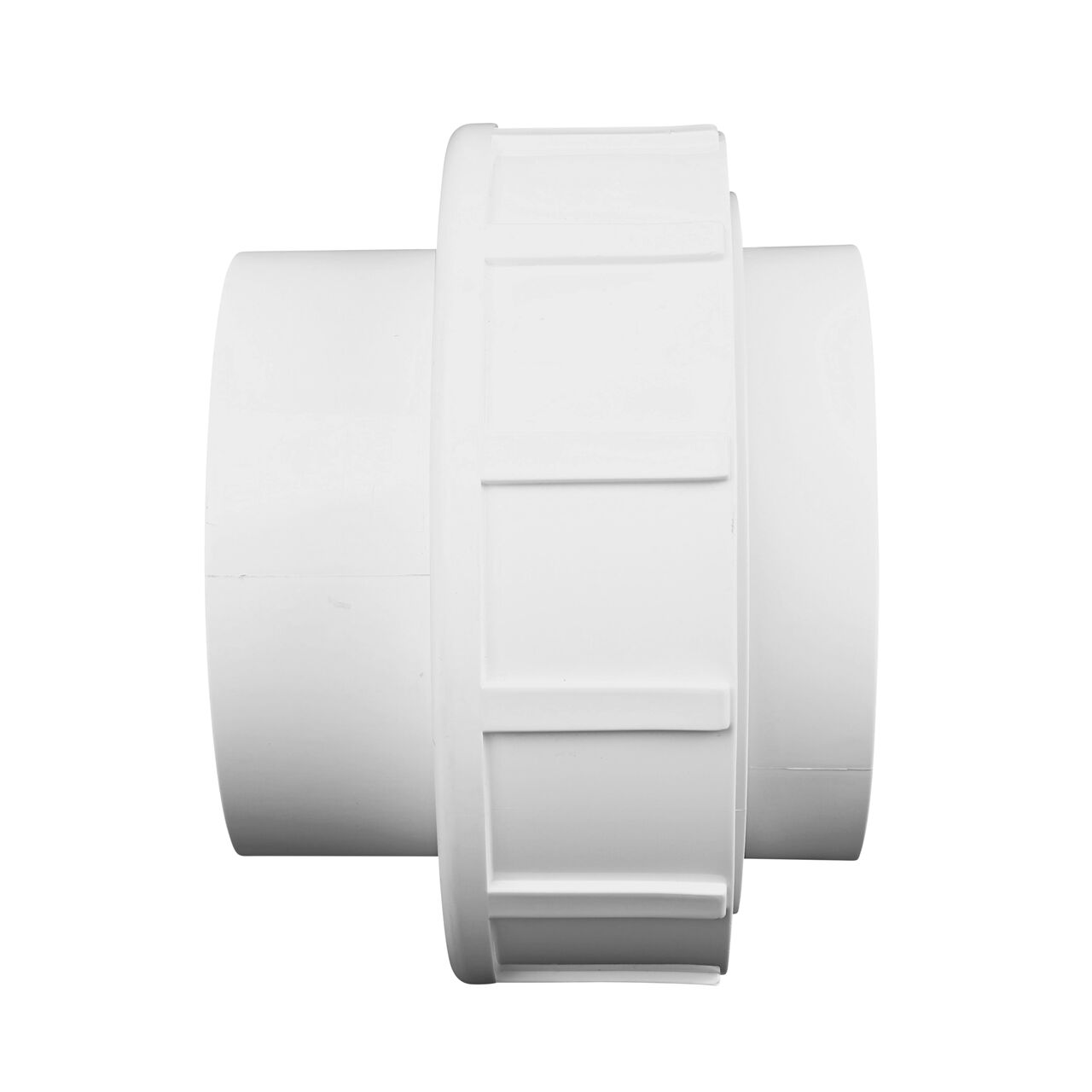 Side view of PVC Union, 4 in. Sch. 40 S X S showing two slip ends that slide onto Sch. 40 pipe ends (NDS WU-4000-S)