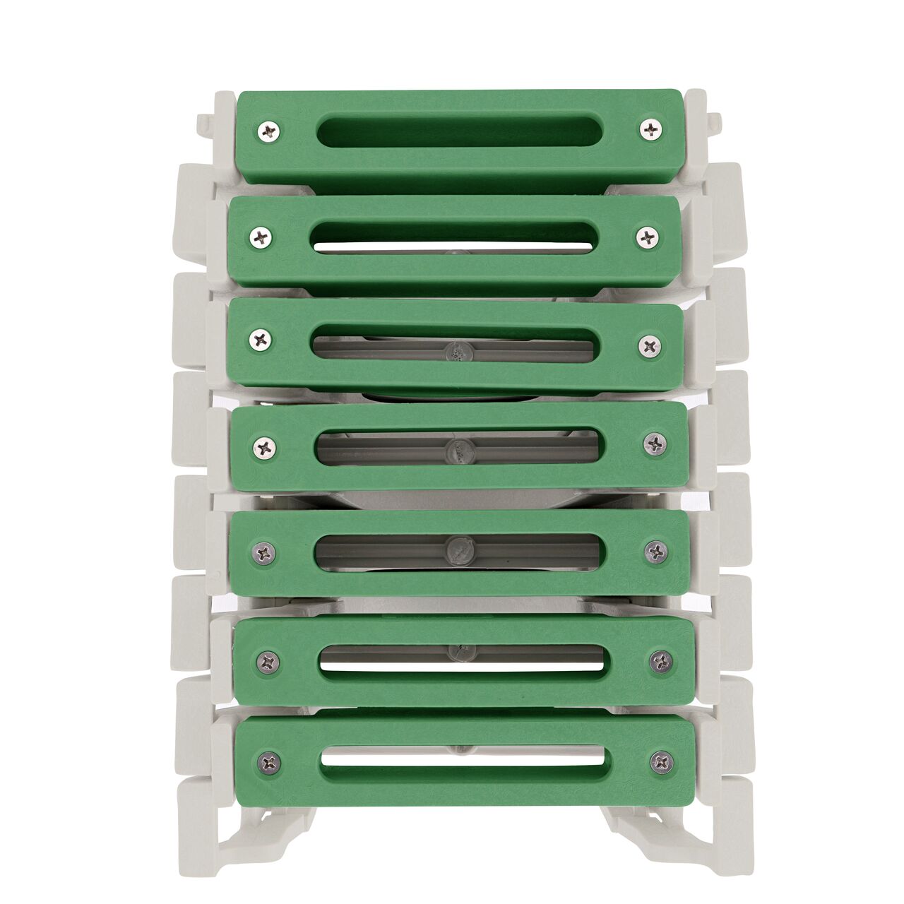 Top down view of Seven Green Slotted Plastic Dura Slope® Channel Drain EZ-Track™ Radius Coupling Grates (NDS DS-662MG) installed on seven Dura Slope EZ-Track Radius Couplings (NDS DSRC) without any turn
