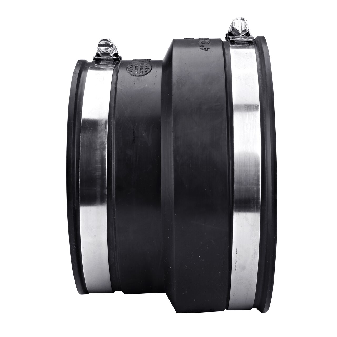 The NDS 4 in. flex coupling for clay pipe to cast iron or plastic pipe, in horizontal position, is made with material that flexes with normal earth movement (NDS 02-44)