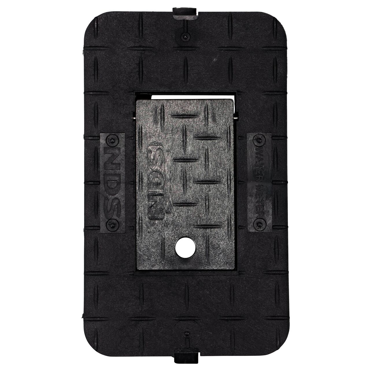 Alternate View of the top of 10 in. X 15 in. Rectangular Drop-in Black Plastic Water Meter Cover with a plastic reader door (NDS D1000-RB)