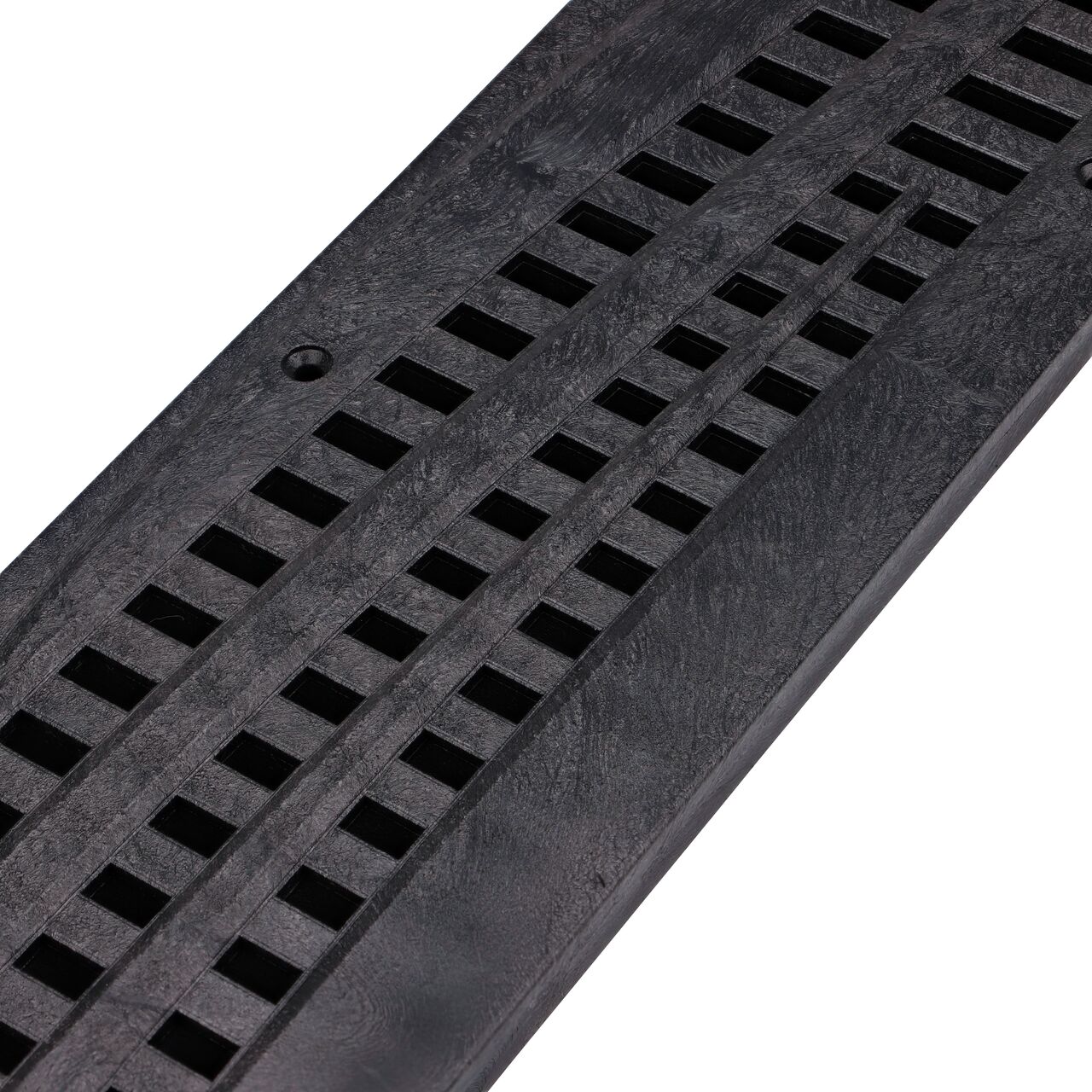 Angled Closeup of NDS Spee-D® Channel Drain Grate, Decorative Wave Design in Black Plastic (NDS 253)