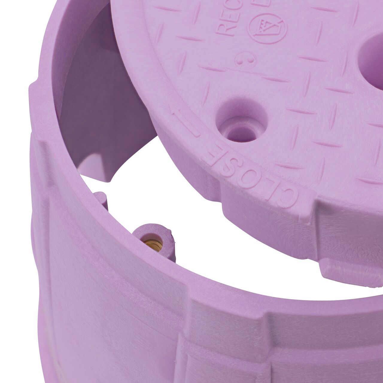 Align the bolt hole on the lid with the bolt hole from the NDS 10 in. Round Pro-Spec® Series Purple Box and Purple Reclaimed Water Cover (NDS 312PBCBR) for a secure fit