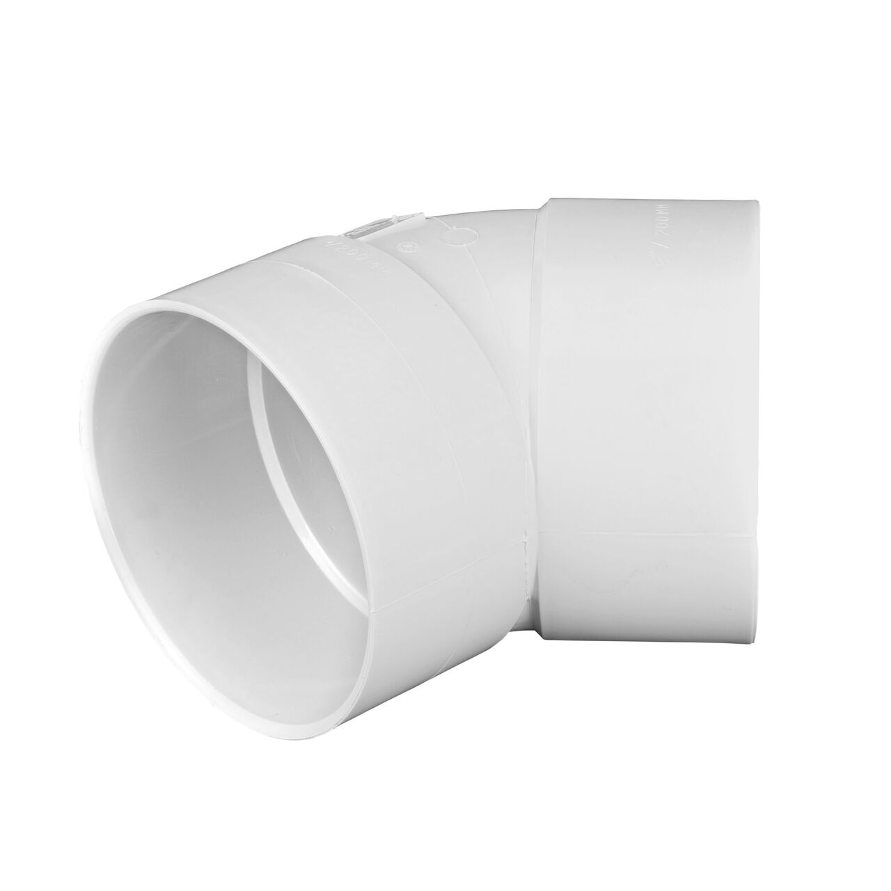 Alternate view of the PVC 45° elbow, which connects 8 in. Sewer and Drain pipes, Hub X Hub connection (NDS 8P03)