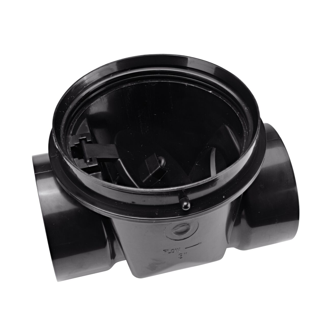 The flapper open inside of the NDS Black 3 in. ABS Backwater Valve (NDS 375) controls the flow of water