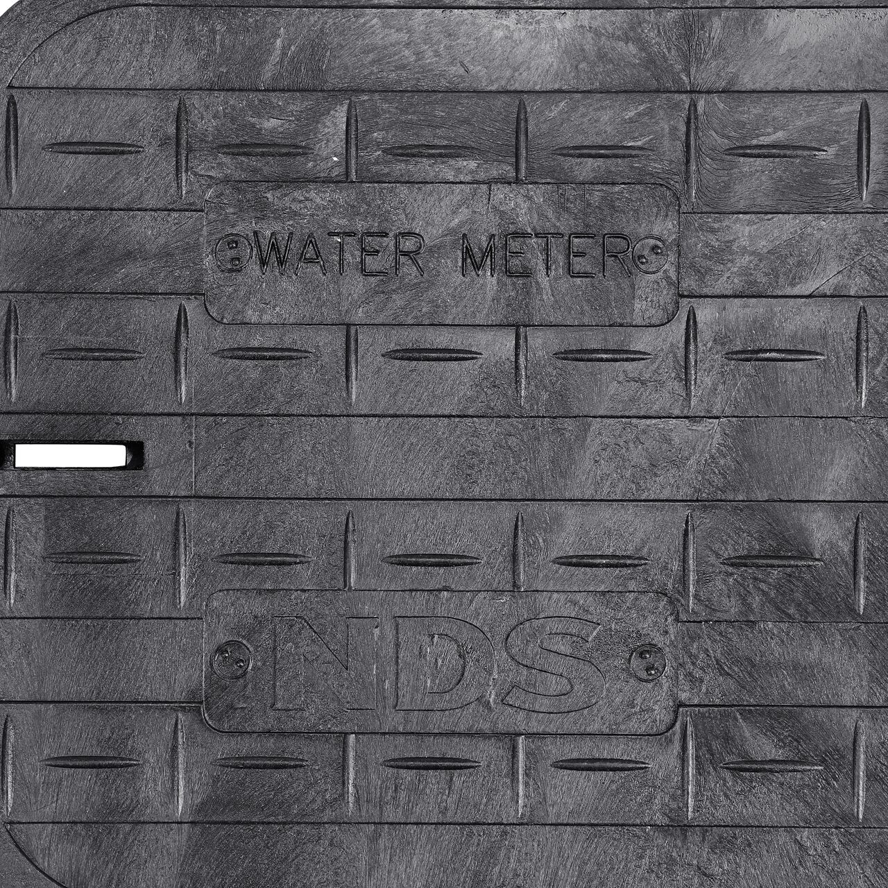 Closeup view of the Water Meter markings on the Black AMR Bottom Mount Water Meter Drop-in cover for the NDS 14 in. X 19 in. Rectangular Standard Series Meter Cover (NDS D12-BAMRLWHS)