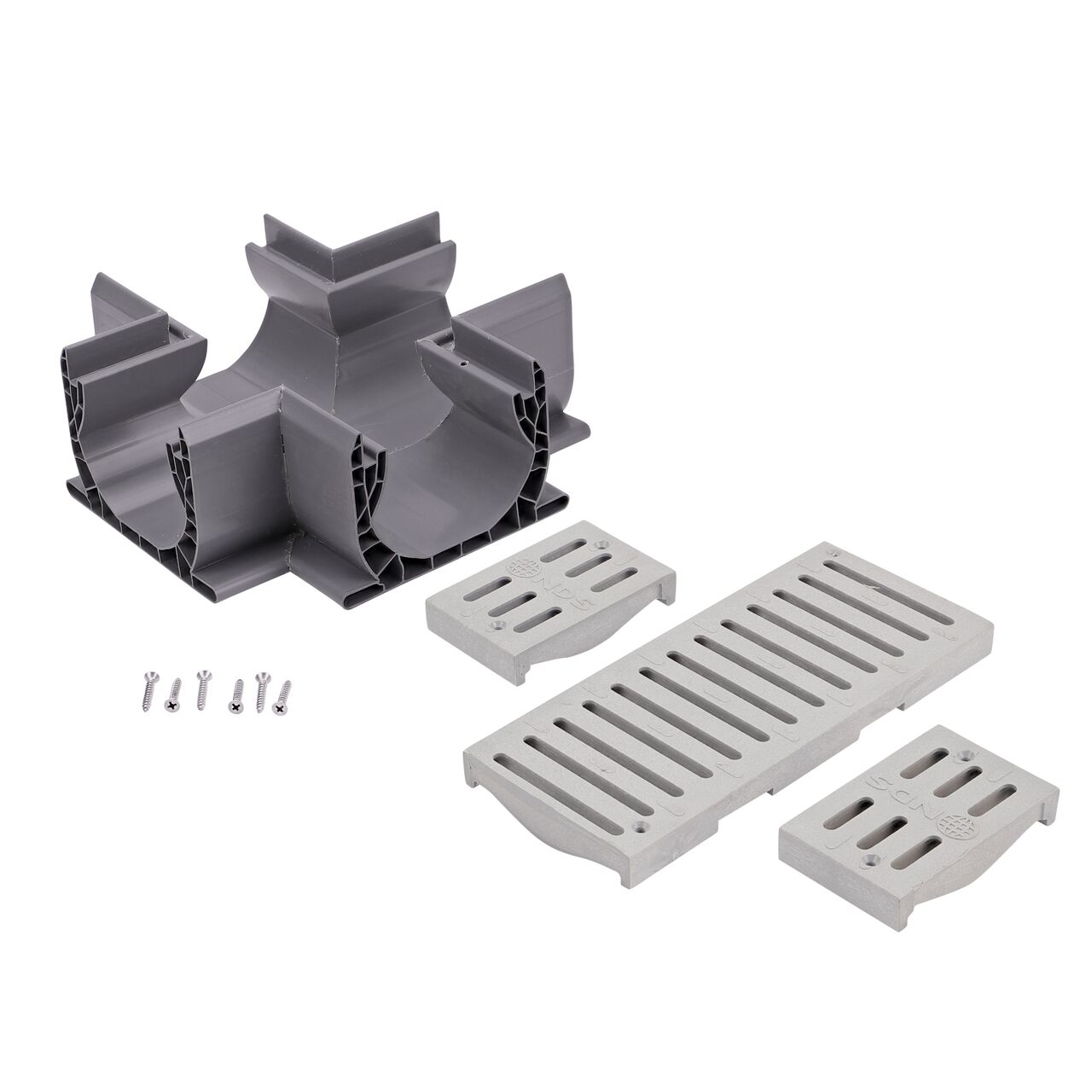 Unassembled view of the drain, grates and screws that come with the Spee-D® Channel Drain and Grate with Tee, Gray Plastic (NDS 2361)
