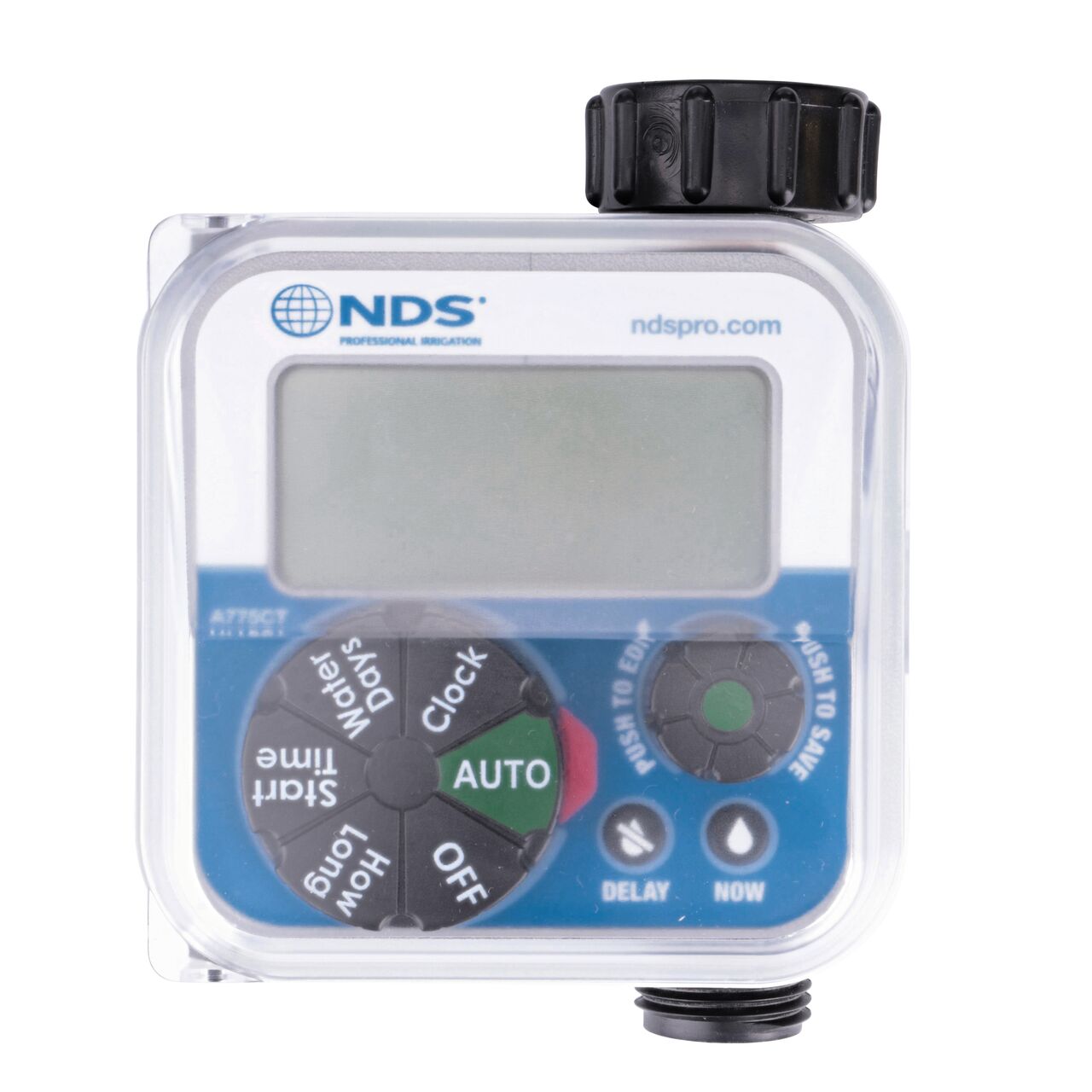 The NDS Hose-End Digital Automatic Water Timer (NDS A775CT) LCD screen is easy to read day or night through the translucent cover