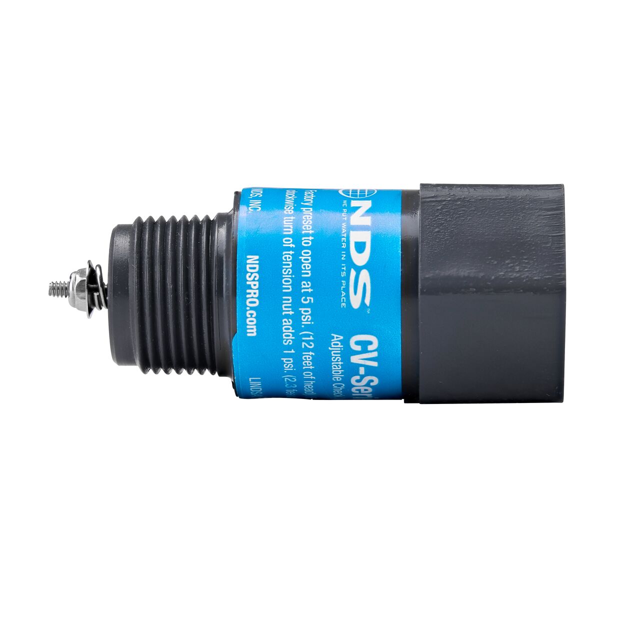 Side view of the NDS Gray 3/4 in. IPS MPT X FPT PVC Adjustable Inline Spring Check Valve (NDS CV-0750-MF)