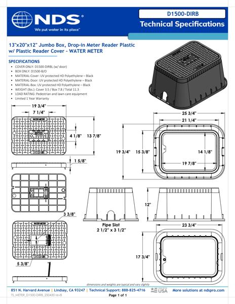 NDS 13 in. X 20 in. Rectangular D1500 Meter Box and Drop-in Cover, 12 in. Height, Black Box, Black Water Meter Cover with Plastic Reader Tech Spec