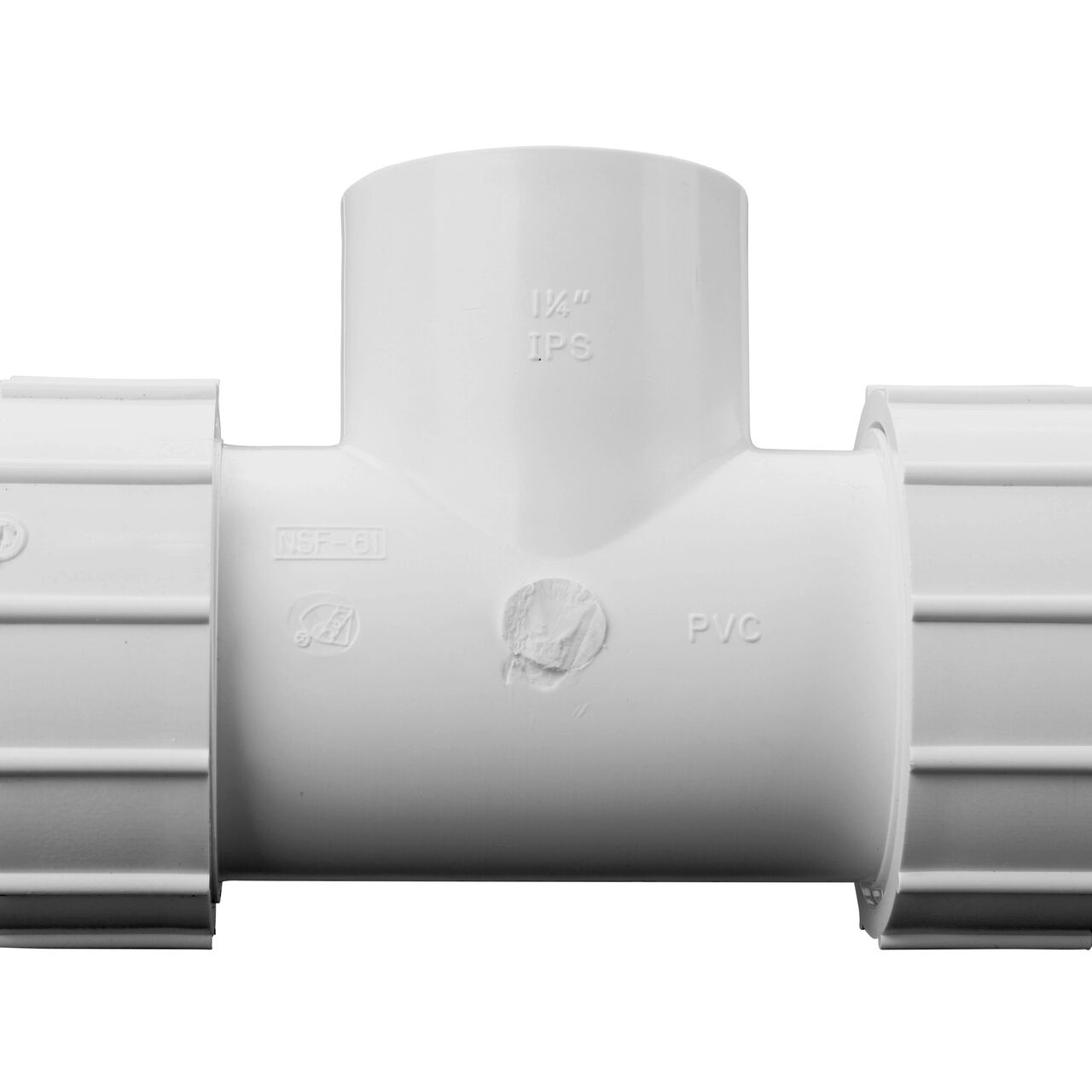 Closeup view of the NDS PVC Threaded Tees 1-1/4 in. UC X S IPS for subsurface irrigation and sprinkler applications is clearly marked and offers flexibility that protects pipelines from damage (CPT-1250-S)