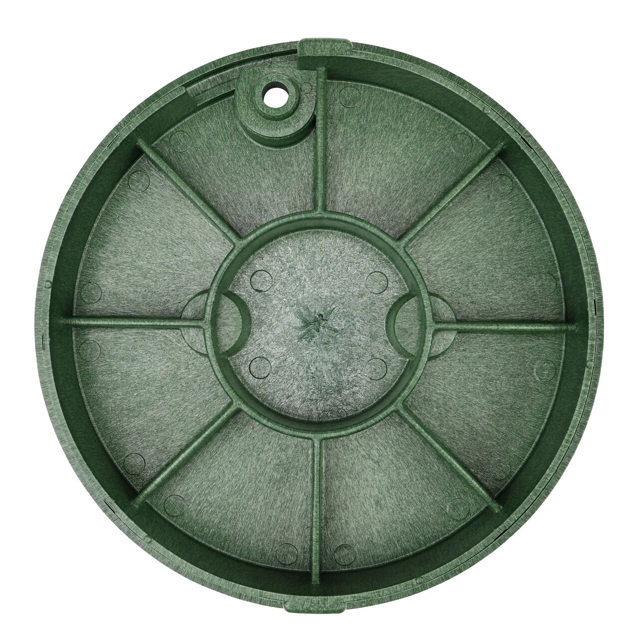 Alternate View of the bottom of the 10 in. Round Green ICV Cover with bolt hole to lock down lid (NDS 111BC)