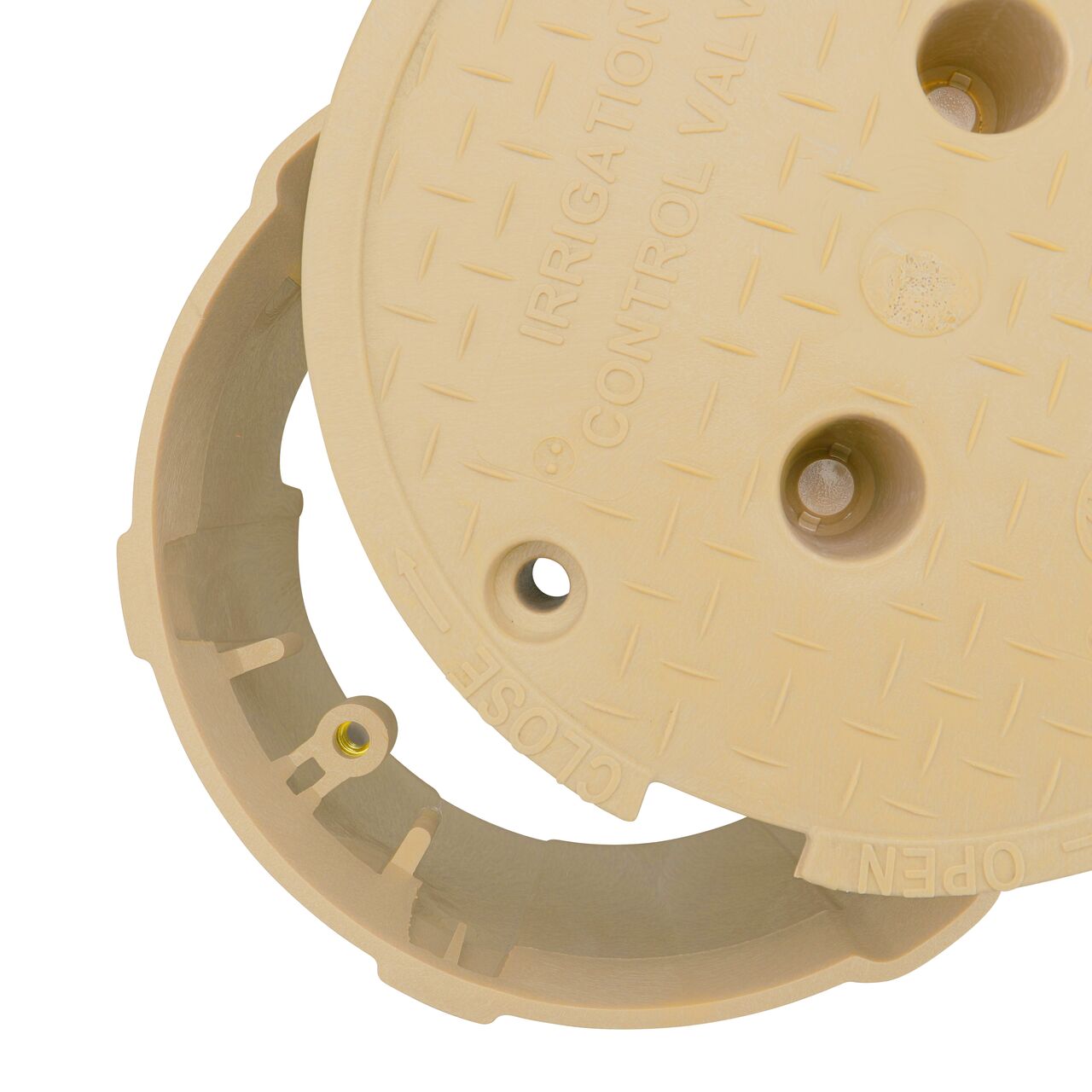 Align the bolt hole on the lid with the bolt hole from the NDS 10 in. Round Pro-Spec® Series Sand Box and Sand Irrigation Control Valve Cover (NDS 312BCSAND) for a secure fit