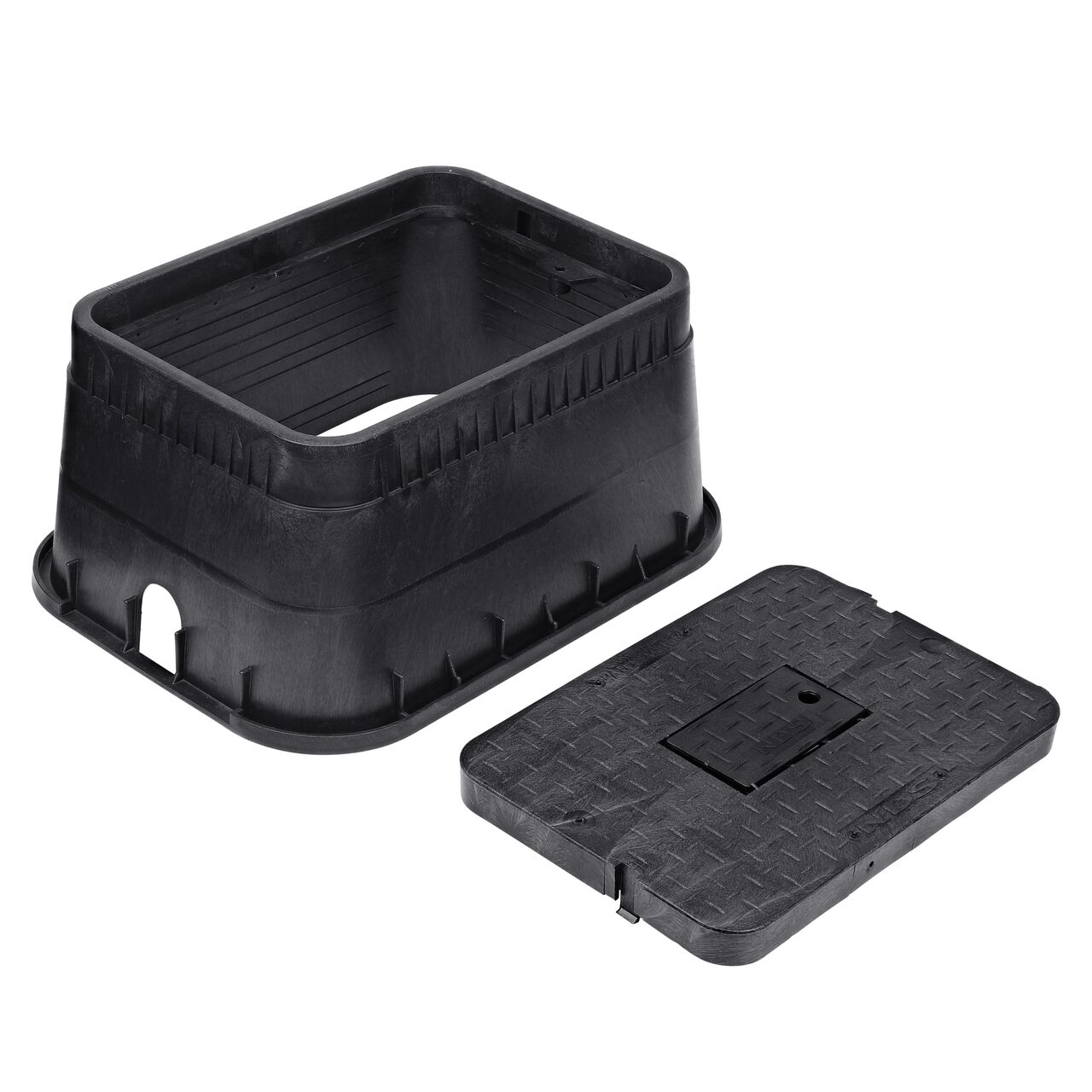 Unassembled View of the NDS 13 in. X 20 in. Rectangular Standard Series meter box and Black Water Meter Drop-in lid cover (NDS D1500-DIRB) with Plastic reader door