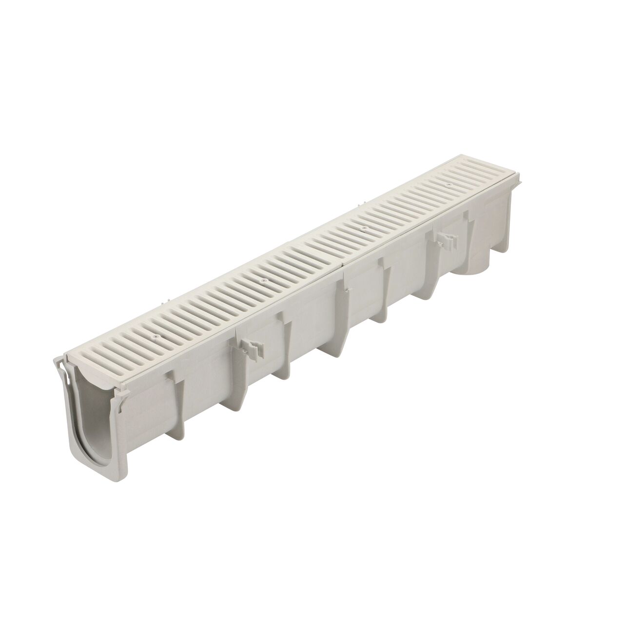 The NDS Dura Slope Channel 7.02 in. to 7.36 in. Deep (NDS DS-100) with two Standard Duraslope Light Gray Grate installed (NDS 661LG)