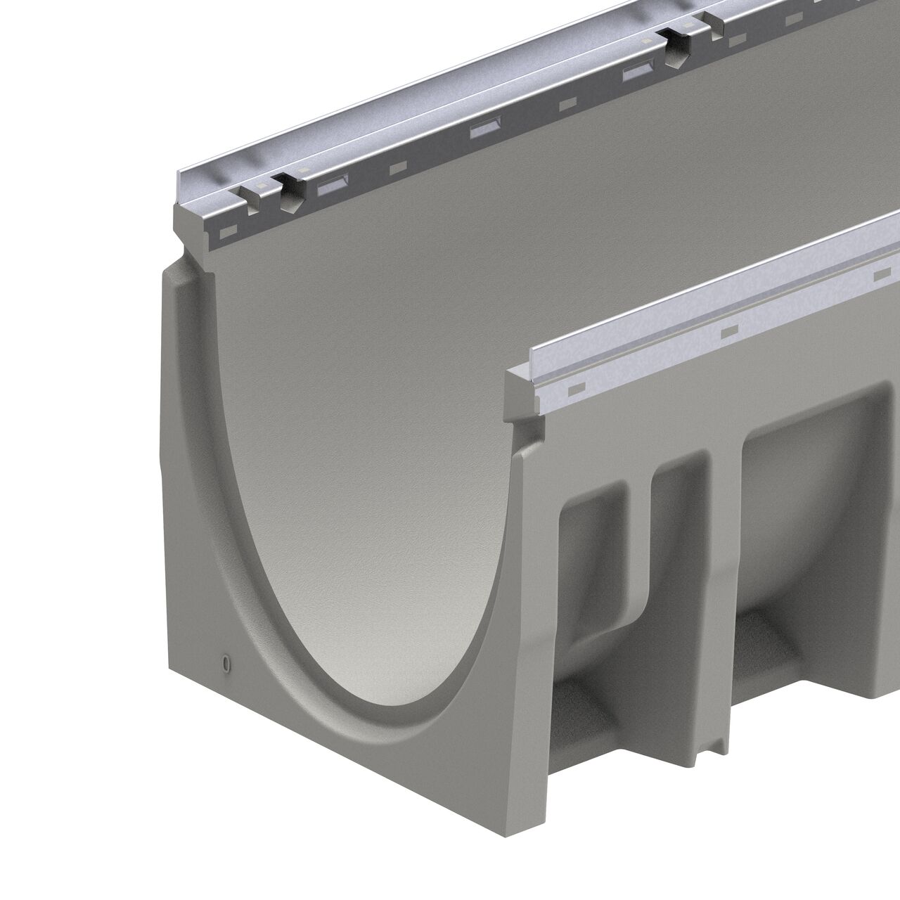 Closeup view of the male interlocking end of the 12 in. wide BG-FILCOTEN® by NDS® pro V 300 Trench Channel Drain with Galvanized Steel Rails (NDS 10630200)