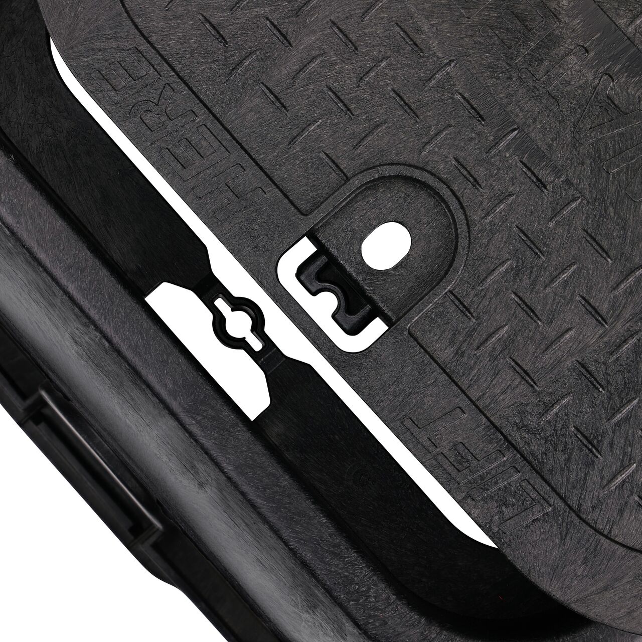 Align the bolt hole on the lid with the bolt hole from the NDS 14 in. X 19 in. Rectangular Standard Series Black Box and Black Recycled Water Cover (NDS 113BCW) for a secure fit