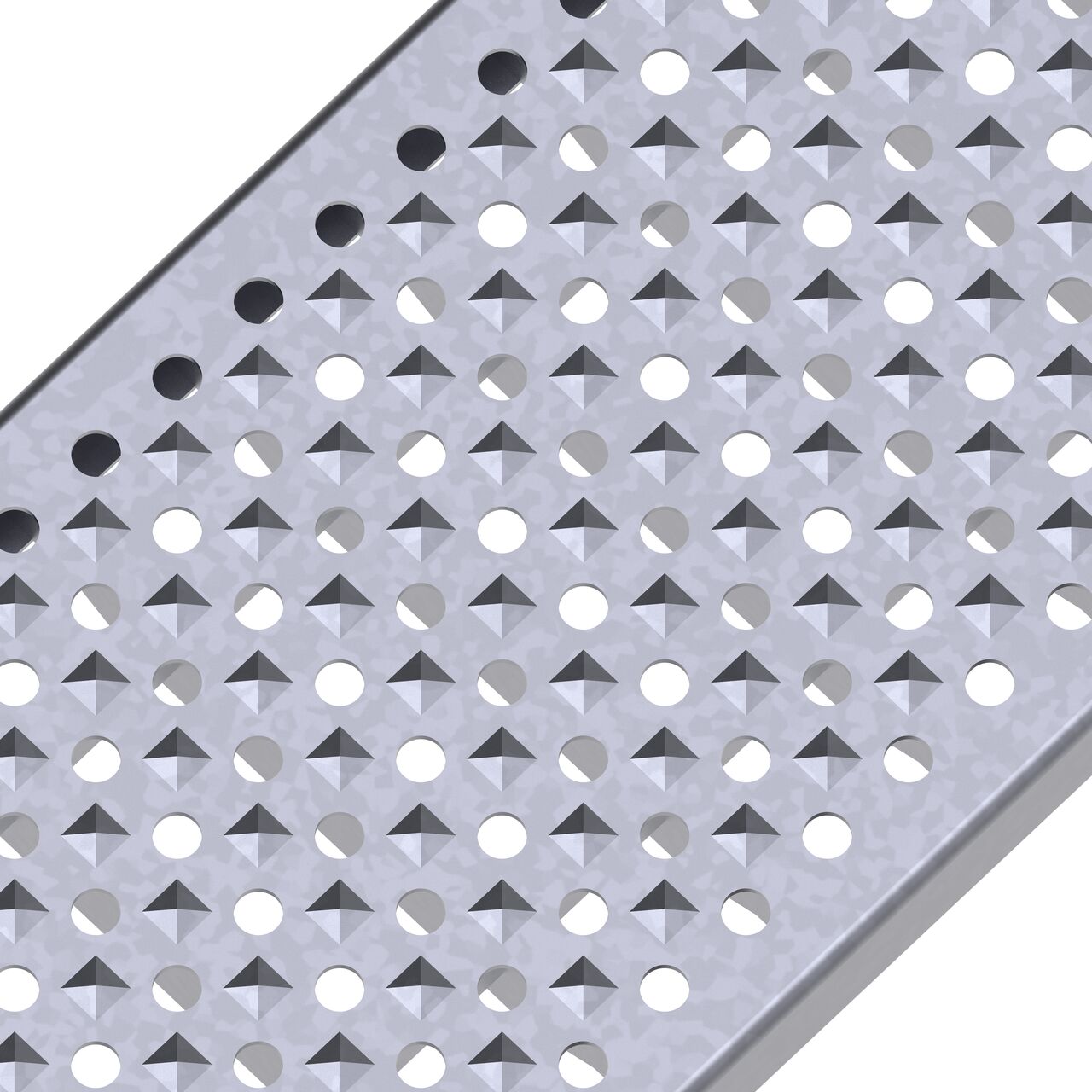 Angled closeup view of the class C perforated design galvanized steel BG-FILCOTEN® 100 Trench Drain Grate (NDS 17010228)