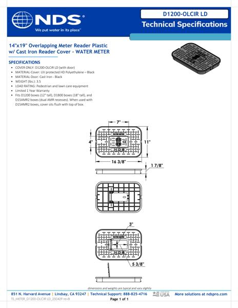 NDS 14 in. X 19 in. Rectangular D1200 Meter Box Cover, Black Water Meter with Cast Iron Reader Tech Spec