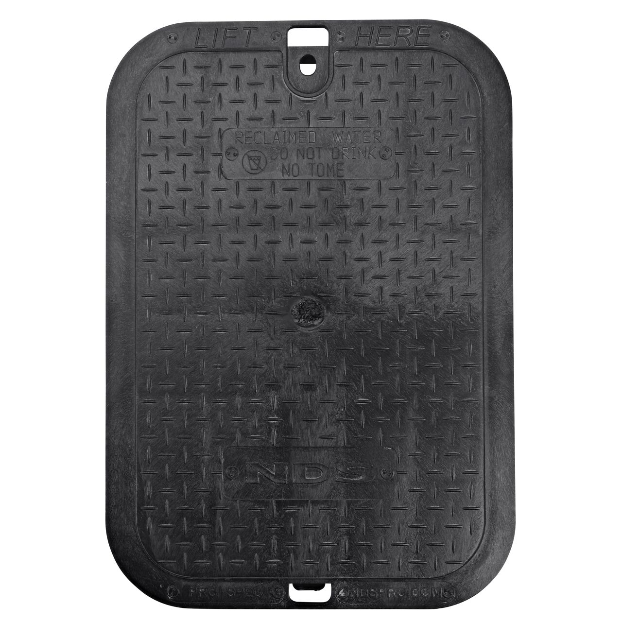 Top down view of the top side of the Black Reclaimed Water overlapping cover (NDS 313CRBLK) for the NDS 14 in. X 19 in. Rectangular Pro-Spec® Series