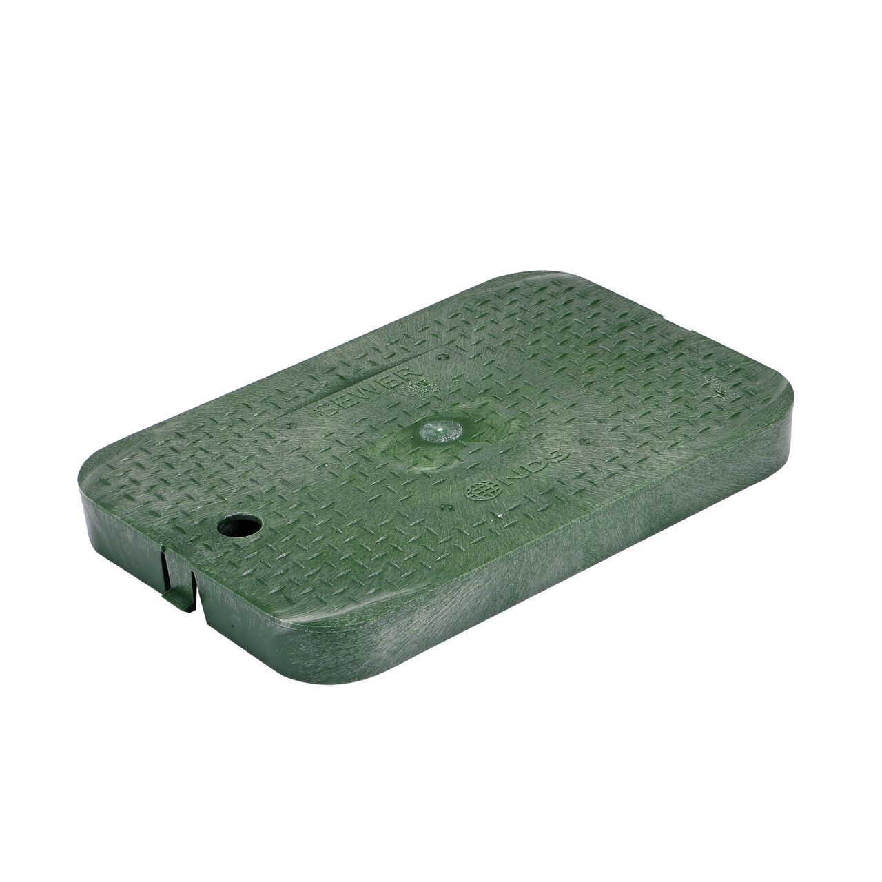 This NDS 14 in. X 19 in. Rectangular Standard Series Meter Box Cover is a Green Drop-in Cover with Sewer markings on the lid (NDS D1200-DISGSWRL) and fits NDS standard series 14 in. X 19 in. valve boxes