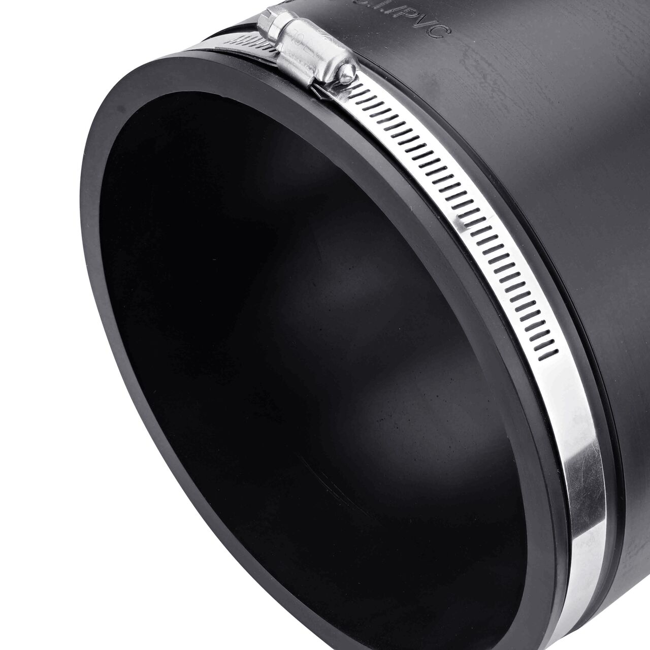 Closeup view of the end on the NDS 6 in. flex coupling connects two cast iron/sewer and drain or DWV/copper/steel/lead pipes (NDS 56-66)