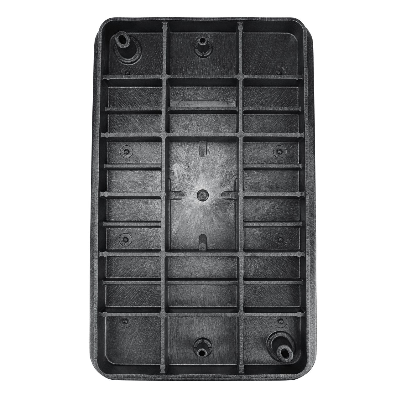 Top down view of the underside side of the Black Irrigation Control Valve cover (NDS 325BCBBLK) for the NDS 13 in. x 24 in. Rectangular Pro-Spec® Series valve box, showing reinforcing ribs that are load rated to withstand pedestrian traffic and the rigors of lawn care equipment