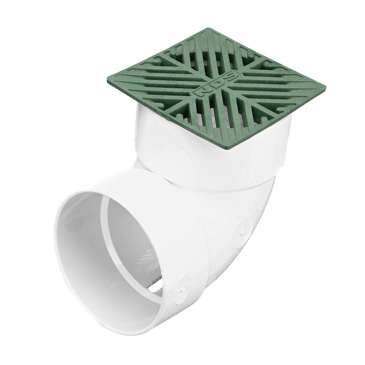 NDS green plastic 5 in. Square Grate fits 3 in. Drain Pipes & 4 in. Fittings installed on 4 in. S&D Fitting Elbow (NDS 7, NDS 7*)