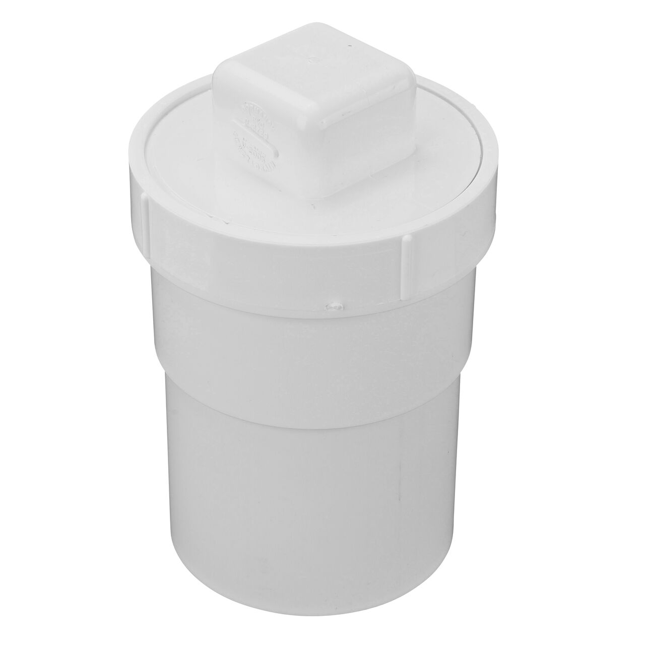 The NDS 3 inch PVC female cleanout adapter (NDS 3P11) with a 3 inch sewer and drain pipe on bottom and the NDS 3 in. PVC S&D MPT Cleanout Plug on top