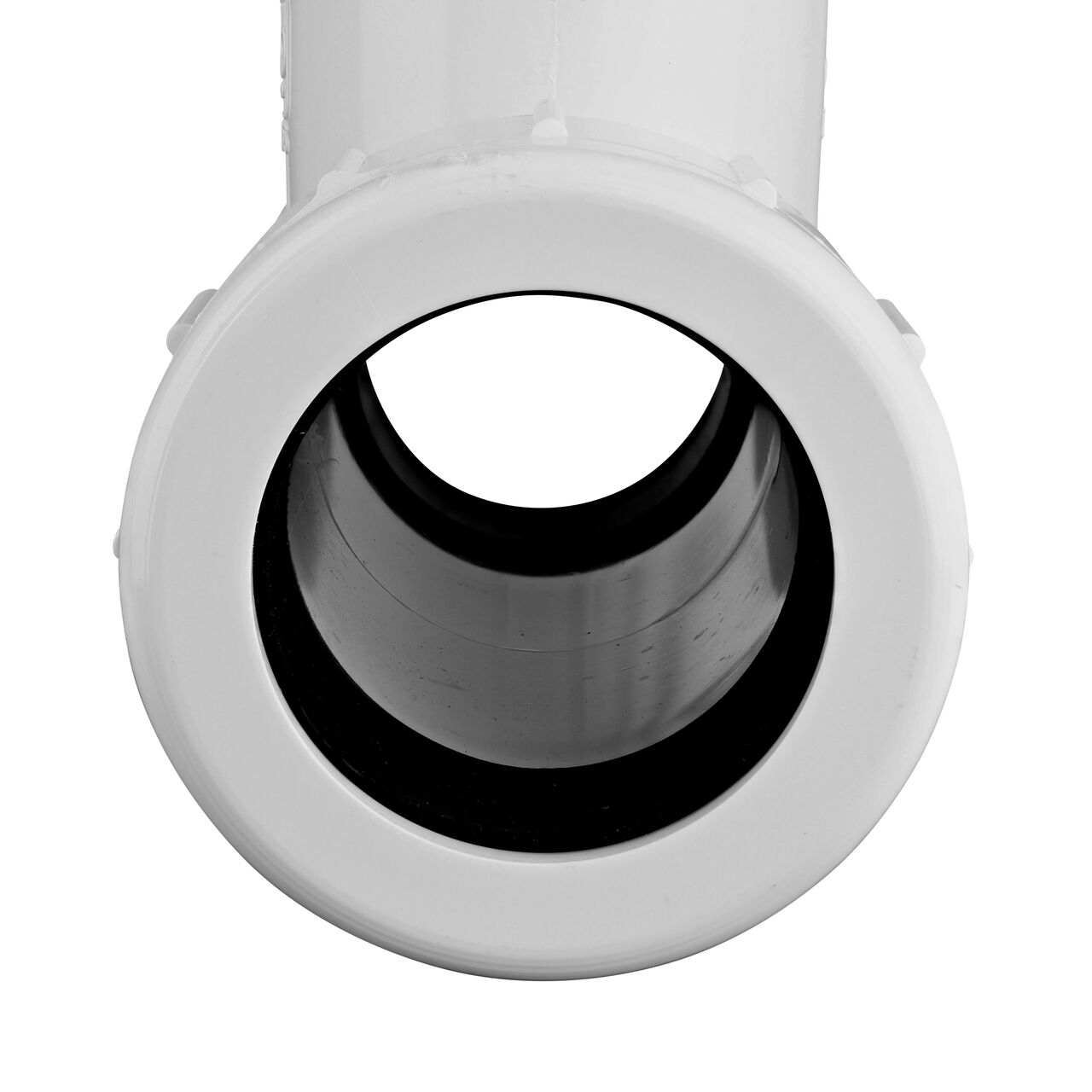 The NDS 1-1/2 in. IPS UC X S Compression Tee showing the gasket inside the adjustable nut that secures it in place once installed (NDS CPT-1500-S)