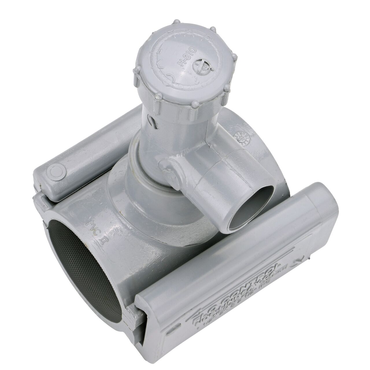 Alternate angle of the 2 in. NDS Flo-Tap™ Rigid PVC saddle with 3/4 in. socket or 1 in. spigot connection on top (NDS 3120) which is made of corrosion-proof material and no bolts, washers, or nuts needed to install which means no rust