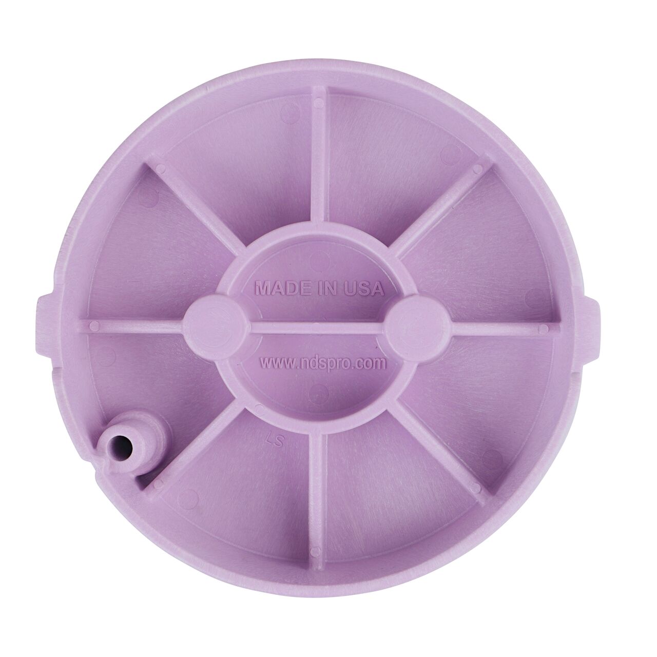 Top down view of the underside of the purple reclaimed water valve cover for the NDS 10 in. Round Pro-Spec® Series (NDS 312PBCR) showing reinforcing ribs that are load rated to withstand pedestrian traffic and the rigors of lawn care equipment
