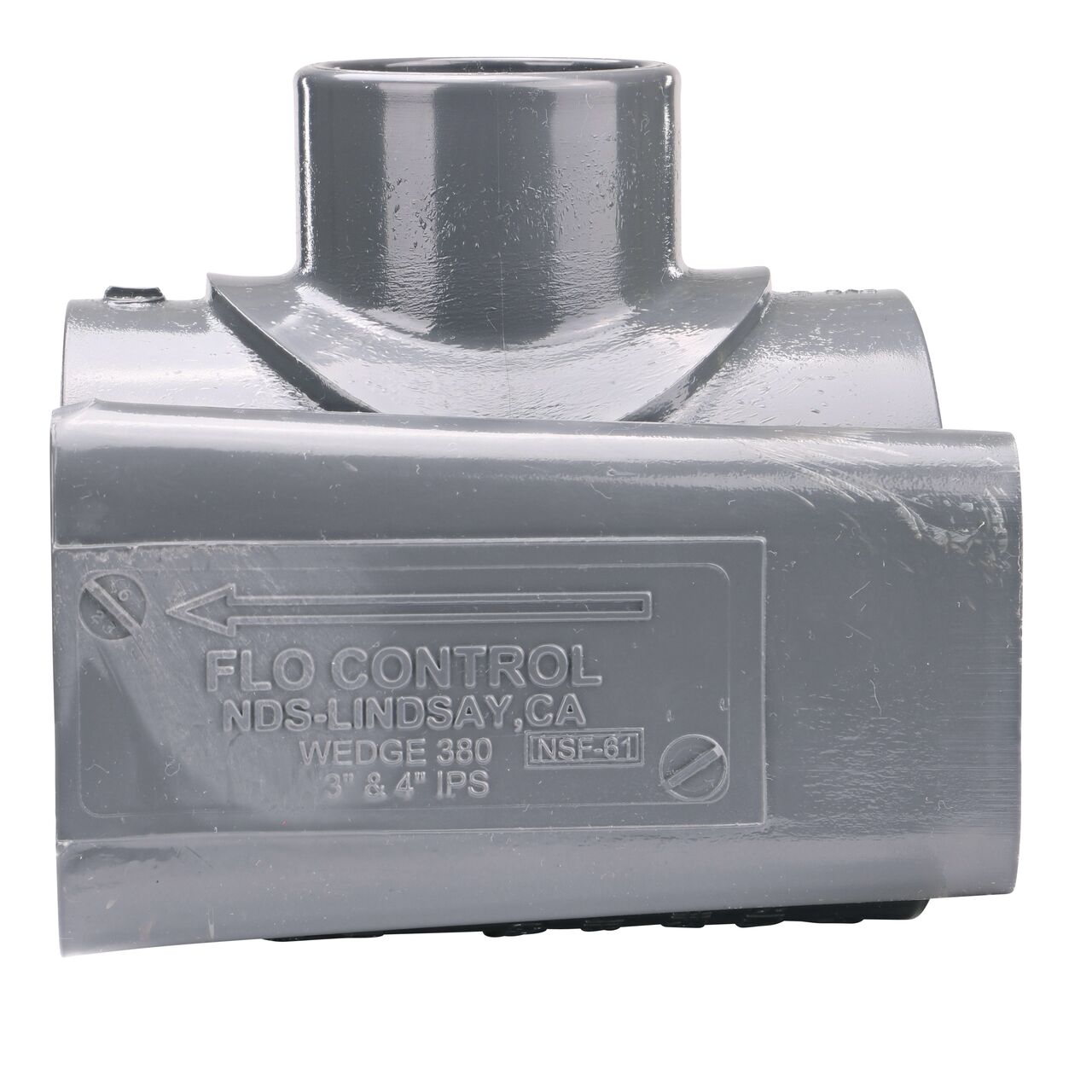Side view showing patented wedge design in locked position on the NDS Clamp-It™ Rigid PVC Saddle with 1-1/2 in. slip connection on top (NDS 453015) for 3 in. PVC pipe