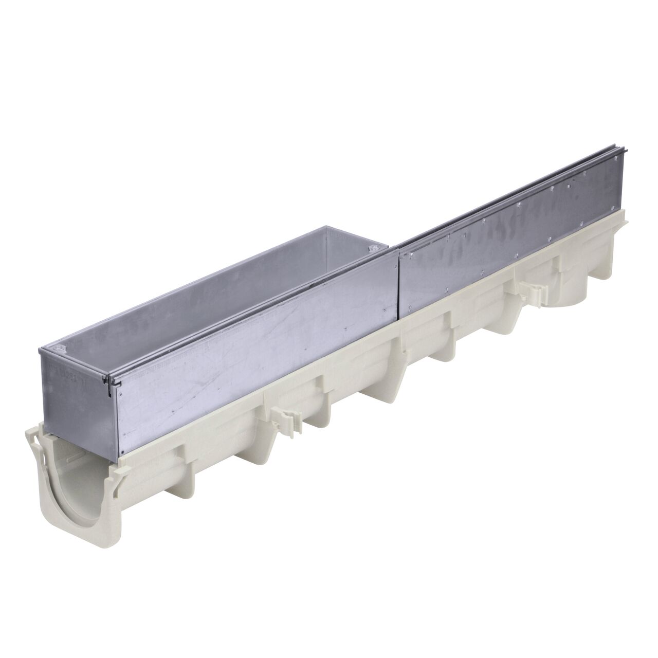 The NDS Dura Slope Channel Drain Slot Top Maintenance Unit (DS-SS-STMAINT) installed on a Dura Slope Channel Drain (NDS DS-091) with a NDS Dura Slope stainless steel slot top channel drain grate (NDS DS-SS-ST500) all showing the slot drain closest to the camera
