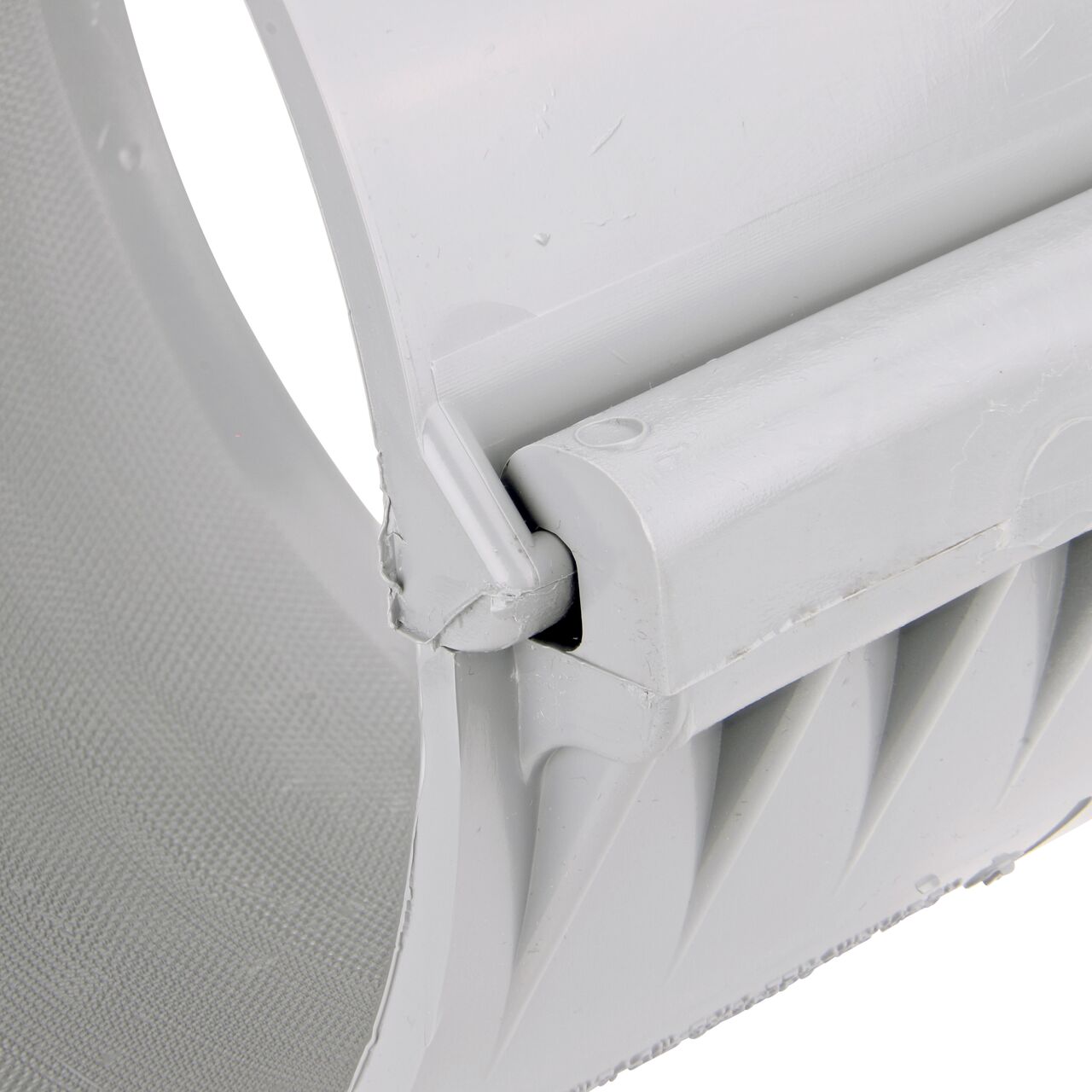 Closeup of the hinge closed on the NDS Clamp-It™ Rigid PVC Saddle with 2 in. slip connection on top (NDS 458020) for 8 in. PVC pipe