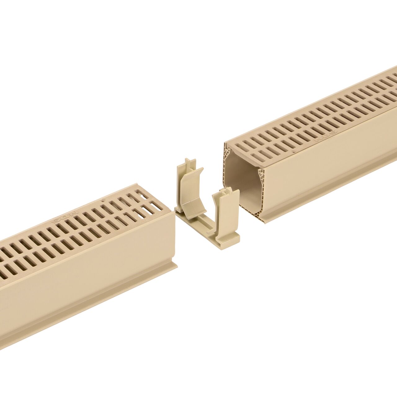Unassembled NDS Sand Mini Channel™ Drain Coupling (NDS 548S) with drains (NDS 500S) and grates (NDS 544) on either side