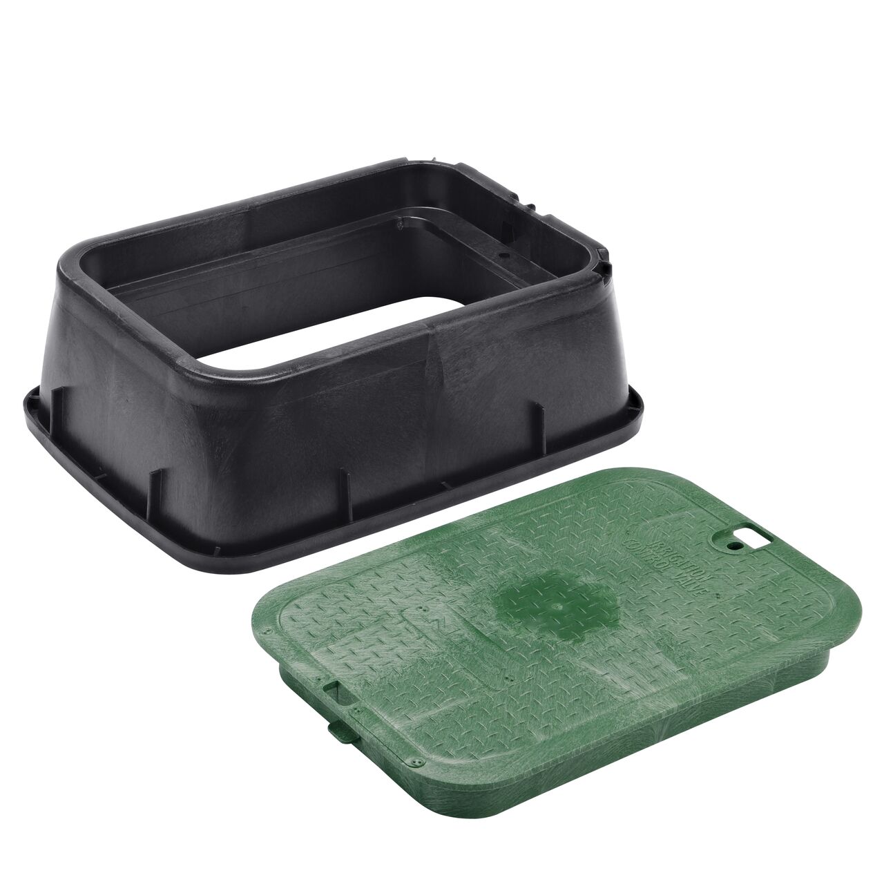 Unassembled View of the NDS 14 in. x 19 in. Black Rectangular Standard Series valve box tapered extension and Green Irrigation Control Valve overlapping cover (NDS 115TBC)