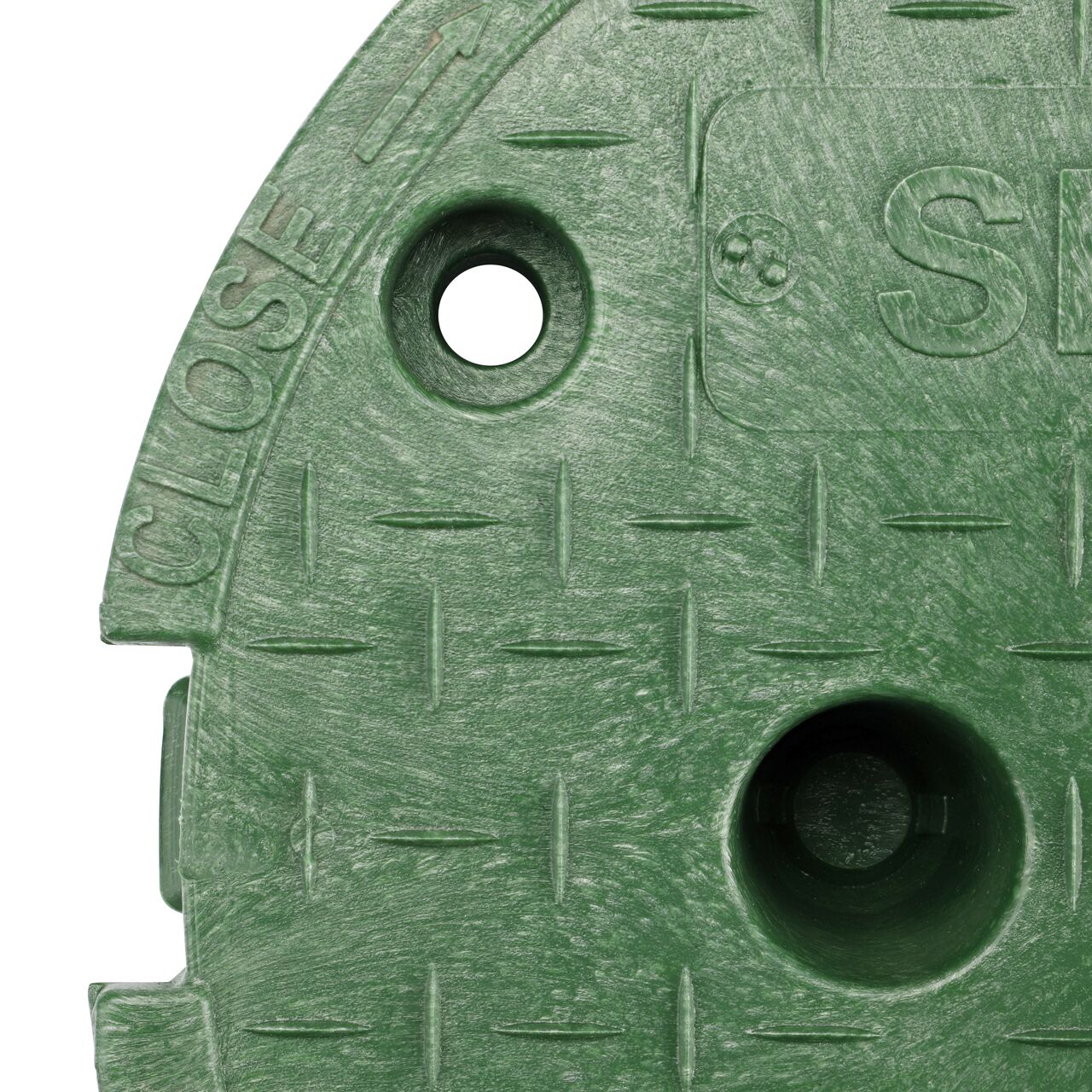 Closeup view of the bolt hole on the Green NDS 10 in. Round Pro-Spec® Series Valve Box (NDS 311CS) for securing valve lid or cover to the valve box