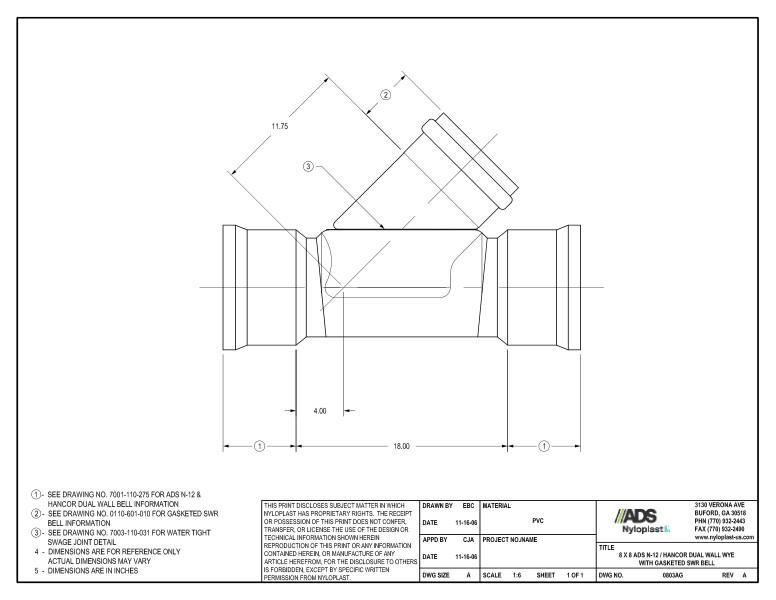 8 x 8 N-12 Dual Wall Wye with Gasketed SWR Bell Nyloplast Detail